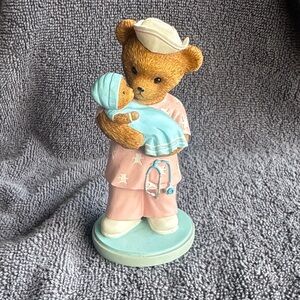 Charming Nurse Bear Figurine with Baby - Brown and Blue